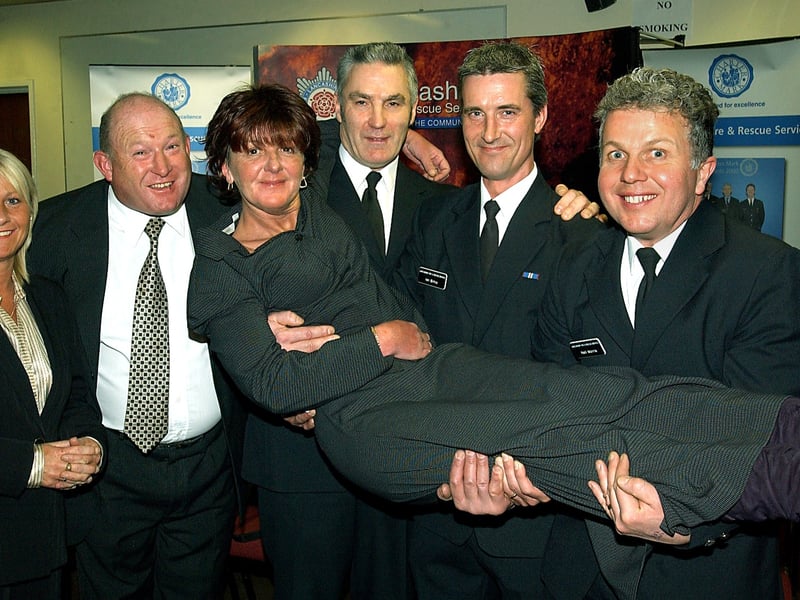 Bravery Medals and Commendations were presented to 17 firefighters from Blackpool, South Shore and Bispham, in recognition of their courage at the "Grab City" fire in Blackpool. From left, Barbara Savage and Keith Slater (Licensees of the Pump and Truncheon pub.), Christine Hindle (who was rescued from the blaze), Firefighters Paul Ling, Ian Birks and Neil Morris. (Presentations made at Blackpool Fire Station).