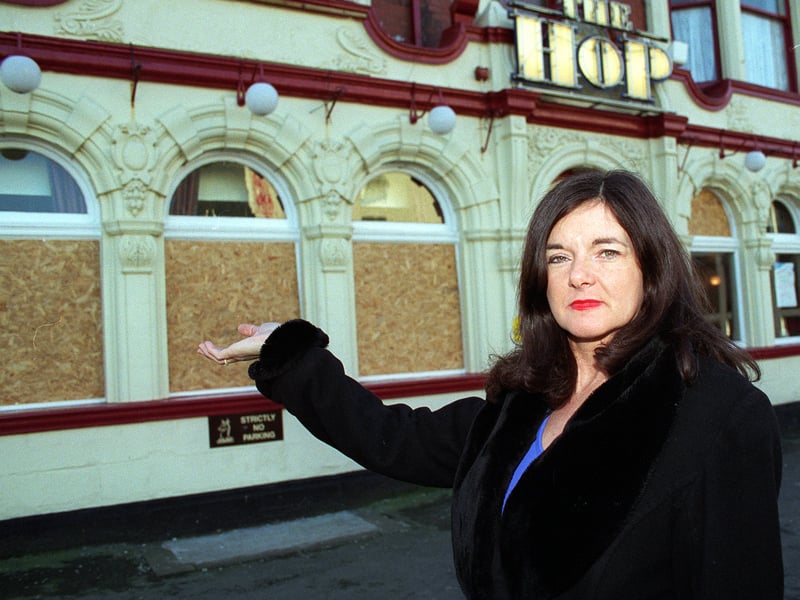 Wendy Daly landlady at the Hop Inn which was vandalised on Manchester City fans after a Blackpool Man City game at Bloomfield Road.
9 windows were smashed