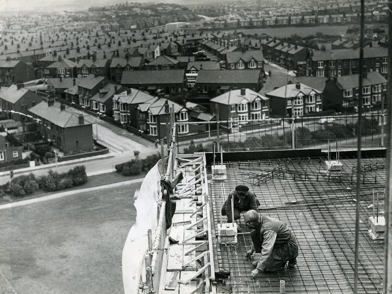 Men working on the new high rise flats at Queenstown, Layton, Blackpool 1963