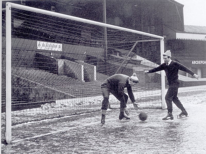 Jimmy Armfield gets his skates on with Blackpool keeper Tony Waiters during the big freeze of 1963