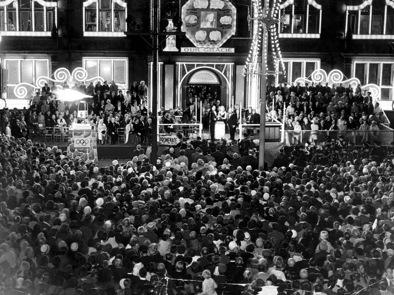 Our Gracie is the greeting over Blackpool Town Hall steps as the Rochdale entertainer, by then living on the isle of Capri,  launched the 1964 Illuminations