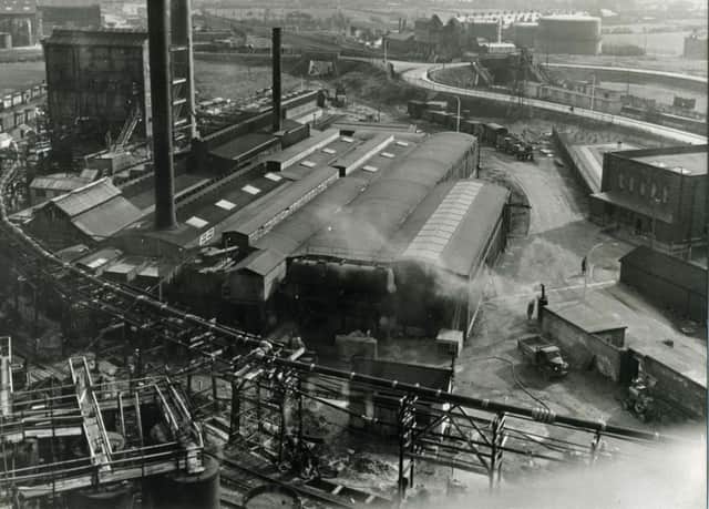Aerial View Looking South across the Alkali Division plant of the ICI at Thornton in 1951, Hillhouse is on the left, Burn Naze Rail station and gas works on the right
