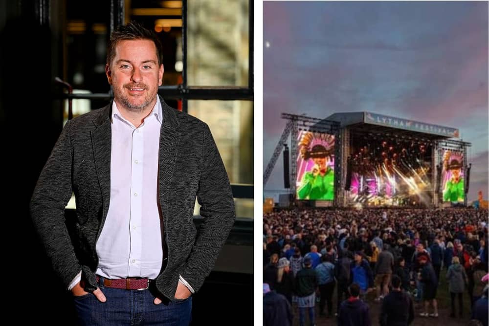 L: Peter Taylor, one half of Cuffe & Taylor, is pictured in April 2023 by James Watkins. R: Lytham Festival 2023.