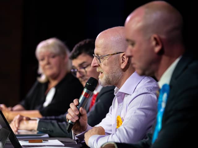 Fylde candidates at the election hustings debate [from right to left]:  Andrew Snowden, Mark Jewell, Tom Claver, Anne Aitken
