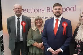 Chris Webb with from left his dad Carl, mum Kay and wife Portia following his victory in Blackpool South