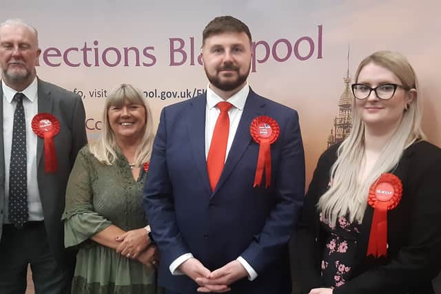 Chris Webb with from left his dad Carl, mum Kay and wife Portia following his victory in Blackpool South