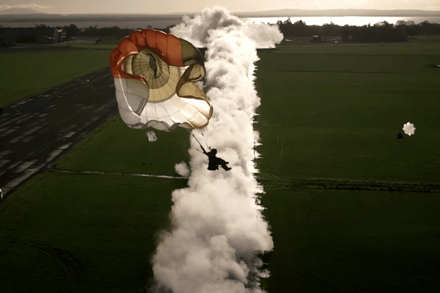 A pilot parachutes to the ground during tests for a Martin-Baker MK16A ejection seat.
