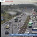 The accident involving two lorries and a car has caused long queues on the M62 on Thursday. Picture: motorwaycameras.co.uk
