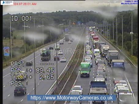 The accident involving two lorries and a car has caused long queues on the M62 on Thursday. Picture: motorwaycameras.co.uk
