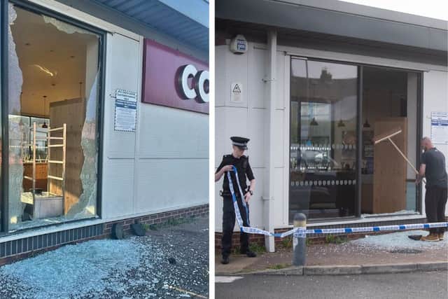 Smashed windows at the Costa Drive Thru on Devonshire Road