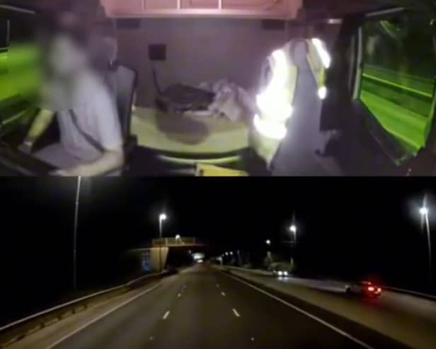 Dashcam footage from a lorry shows Ayodeji Odukoya driving down the wrong side of a dual carriageway.