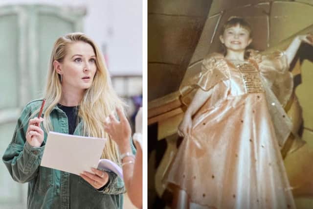 L: Lara in rehearsals now. R: performing in Blackpool as a child.