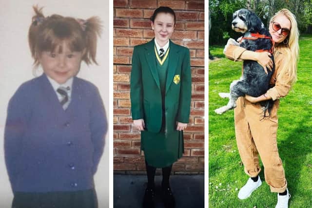 L to r: Lara in her Thames Primary Academy uniform, in her Greenlands Girl School uniform and with her Tibetan Terrier now.