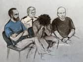 A court artist has captured the scene in court earlier as Axel Rudakubana sat in the dock at Liverpool Crown Court. Credit: Elizabeth Cook /PA Wire