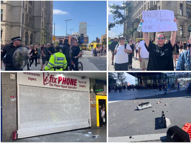 Opposing groups of protestors assembled at Liverpool's Pier Head on Saturday.