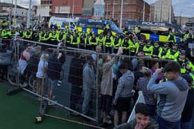 Protesters initially gathered near Blackpool cenotaph but proceeded through the town’s streets, forcing police to cordon off much of the town centre by early evening. Credit: PA