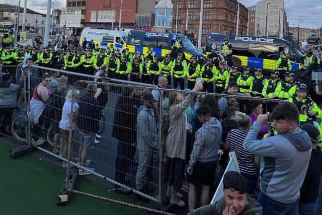 Protesters initially gathered near Blackpool cenotaph but proceeded through the town’s streets, forcing police to cordon off much of the town centre by early evening. Credit: PA