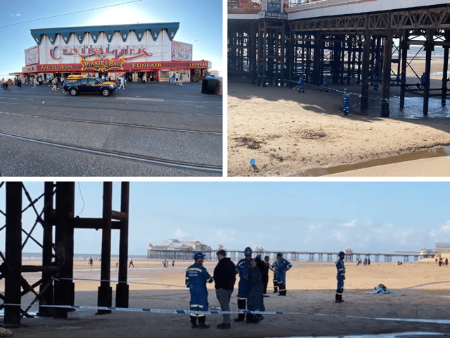 Investigators below Central Pier in Blackpool after a woman falls through boards to the beach