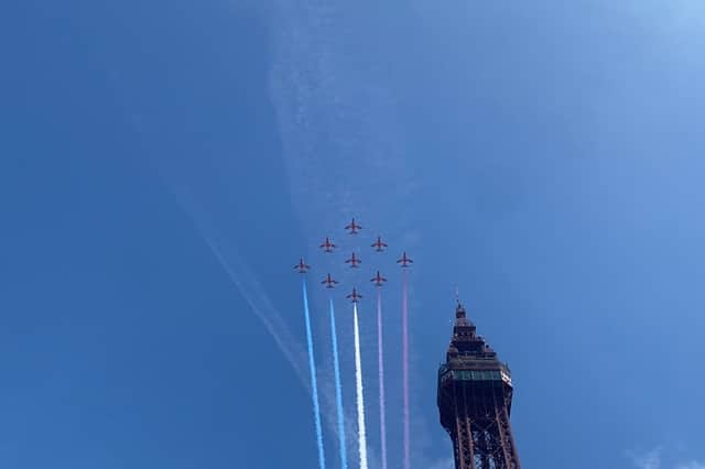 Red Arrows flying over Blackpool Tower to kick start the 2024 Blackpool Air Show.