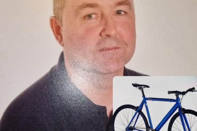 Carl Joy (pictured) was last seen on Lord Street Morecambe on Friday at approximately 13.00 hours. He may be in possession of a dark blue hybrid pedal cycle like the one inset.
