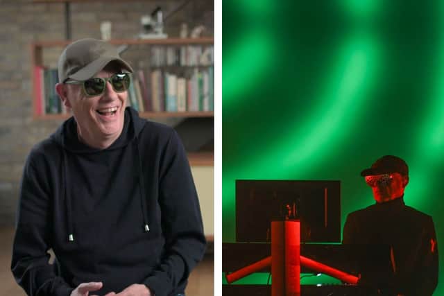 L: Chris Lowe pictured in the BBC show 'Pet Shop Boys: Then and Now' (credit BBC Studios/Harry Truman). R: At the 'Rock in Rio' festival in 2017.