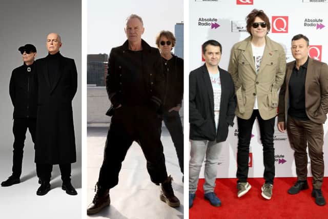 L to R: Pet Shop Boys, Sting and Manic Street Preachers are three of the acts Vernon is most excited for.