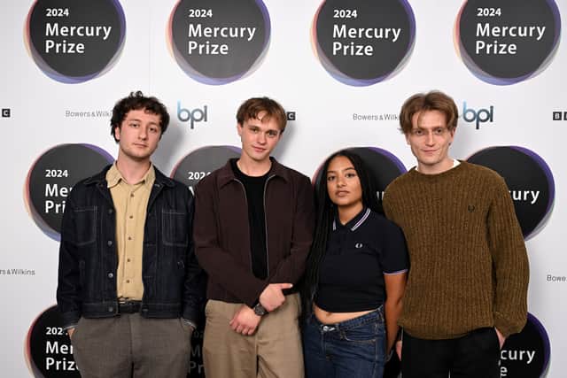 L to R: Lewis Whiting, Douglas Frost, Lily Fontaine and Nicholas Eden of English Teacher attend a photocall for the 2024 Mercury Music Prize 'Album of the Year'. (Photo by Jeff Spicer/Getty Images)