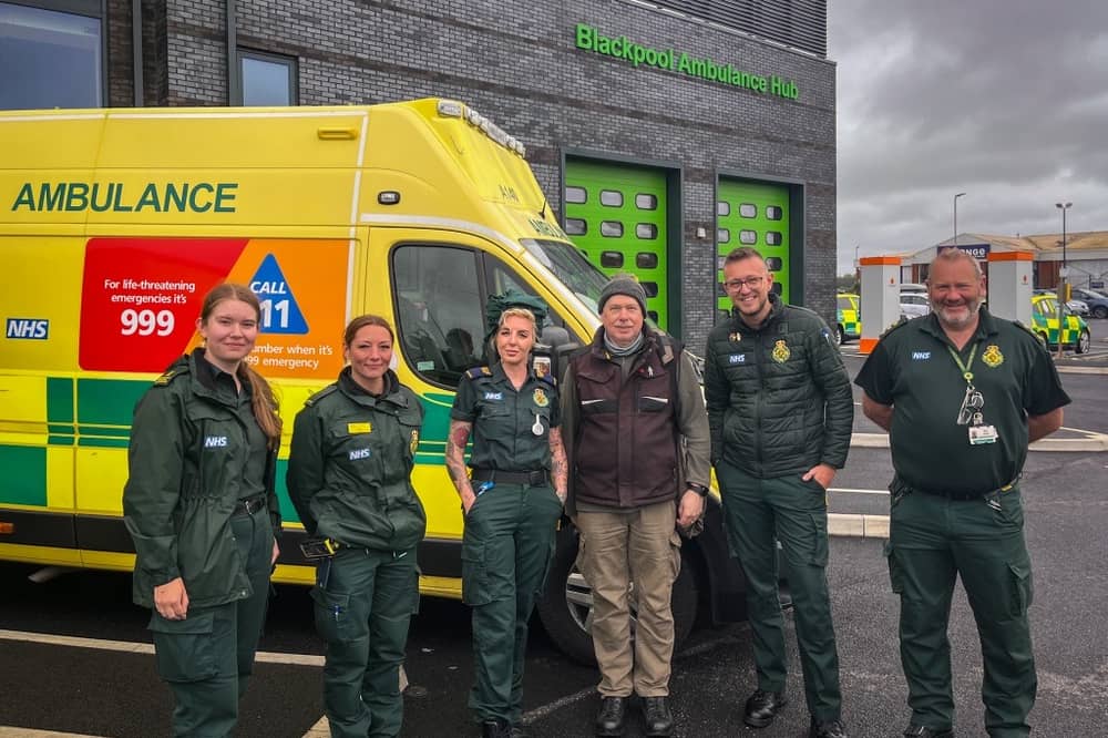 (L-R) Emma O'Hara, Tracy Gardiner, Holly Clarke, Chris Jameson, Aaron Pares and Mark Lewis outside Blackpool Ambulance Station