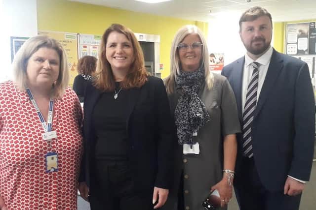 Minister's visit: Lorraine Townsend (Customer service leader, Blackpool Job Centre); Minister for Employment, Alison McGovern; Jan Quayle, senior operations manager for Cumbria/Lancashire); Chris Webb (MP for Blackpool South)