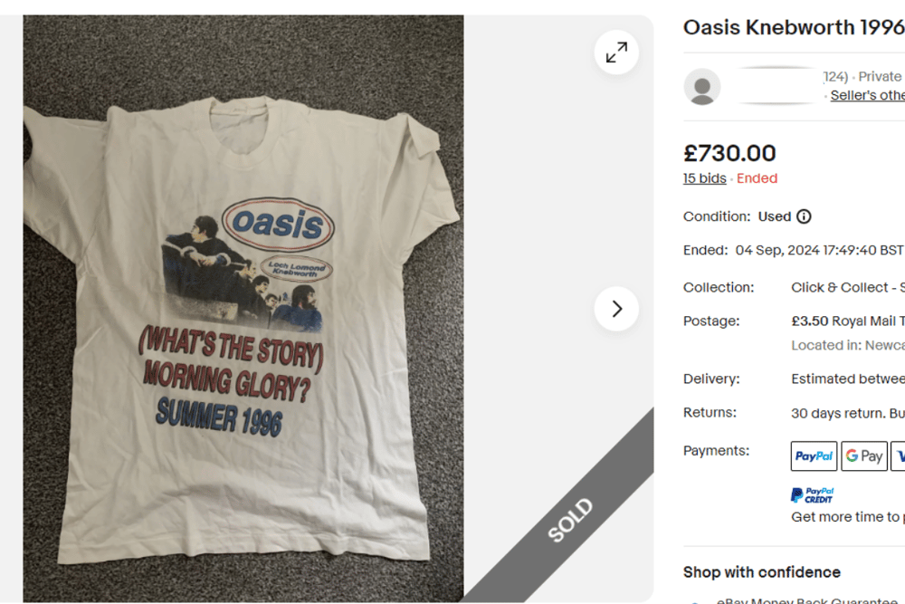 One Oasis shirt that is "unofficial" went for £730 on eBay, owing to the renewed interest in the band and the cultural impact the Knebworth 1996 shows had.