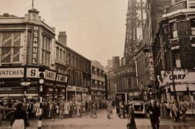 This was Bank hey Street in the 1950s - H Samuel in the same place as it is today, Orry's, Redman's and the Palace Theatre