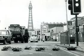 10 Giant Spiders ( currently starring in the BBC series) stop the traffic on Blackpool Promenade as they make their way to the Dr Who Exhibition in 1974