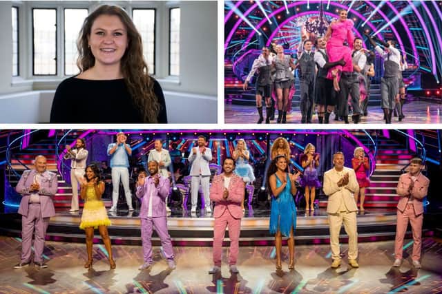Top L: Celeb reporter Aimee Seddon. Top R: Amy Dowden and the rest of the professional dancers. Bottom: The celebrity contestants for 2024.