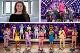 Top L: Celeb reporter Aimee Seddon. Top R: Amy Dowden and the rest of the professional dancers. Bottom: The celebrity contestants for 2024.
