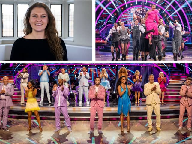Top L: Celeb reporter Aimee Seddon. Top R: Amy Dowden and the rest of the professional dancers. Bottom: The celebrity contestants for 2024.