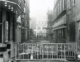 Pedestrianisation under way at the southern end of Corporation Street looking towards Victoria Street with the Grand Theatre on the left, K shoes on the right.The Stanley Cafe in the distance on Victoria Street