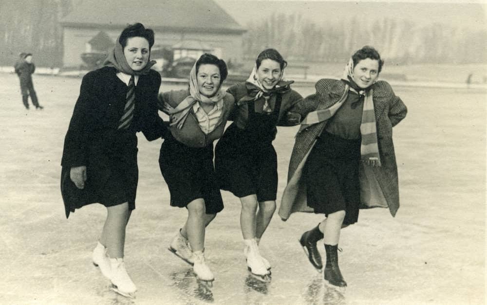 Elmslie Girls School pupils Pat Howarth ( now Pat Cole ), Betty Taylor , Mavis Jones and Margaret Jones ice skating on Stanley Park Lake in 1946 