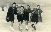 Elmslie Girls School pupils Pat Howarth ( now Pat Cole ), Betty Taylor , Mavis Jones and Margaret Jones ice skating on Stanley Park Lake in 1946 