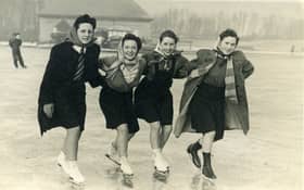 Elmslie Girls School pupils Pat Howarth ( now Pat Cole ), Betty Taylor , Mavis Jones and Margaret Jones ice skating on Stanley Park Lake in 1946 