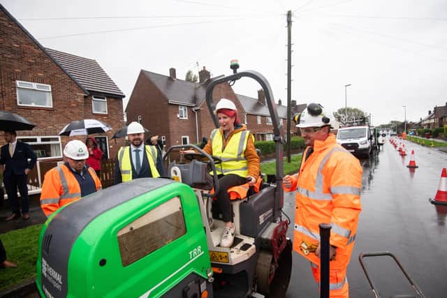 Transport Secretary Louise Haigh seeing how potholes are repaired in Blackpool