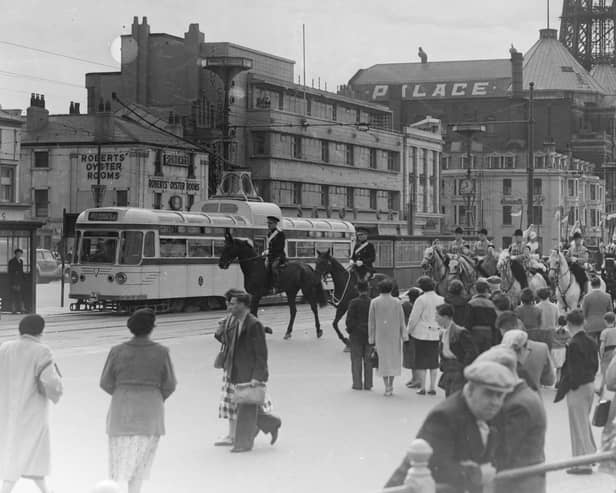 The Household Cavalry, in town for the Royal Lancashire Show, parade along  Blackpool Promenade, 1954