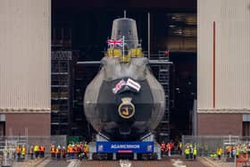 HMS Agamemnon, a new Royal Navy submarine, being launched from the BAE Systems dockyard in Barrow.