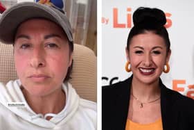 L: Hayley Tamaddon pictured in her latest Instagram story. R: Hayley five years ago at the "Eaten By Lions" UK premiere.
