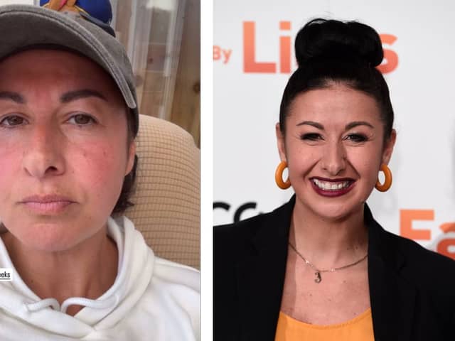 L: Hayley Tamaddon pictured in her latest Instagram story. R: Hayley five years ago at the "Eaten By Lions" UK premiere.