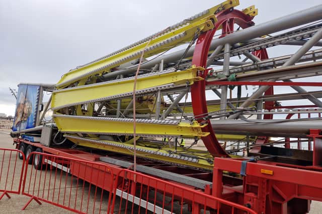 The Star Flyer has arrived on Blackpool seafront n the back of a flatback lorry.