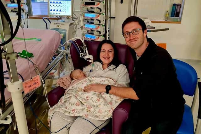 Jodie and James Thorpe with little Grace, in Alder Hey Hospital