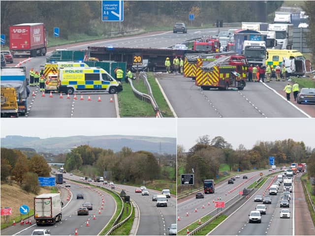 The M6 has reopened in both directions after a lorry driver was killed and five others were injured in a crash in Lancashire