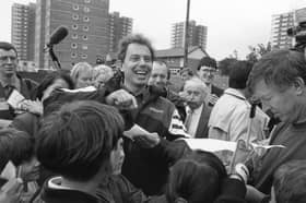 Leader of the Labour Party Tony Blair MP visits Devonshire Primary School in Blackpool with Alex Ferguson, manager of Manchester United Football Team. 3rd October 1996.