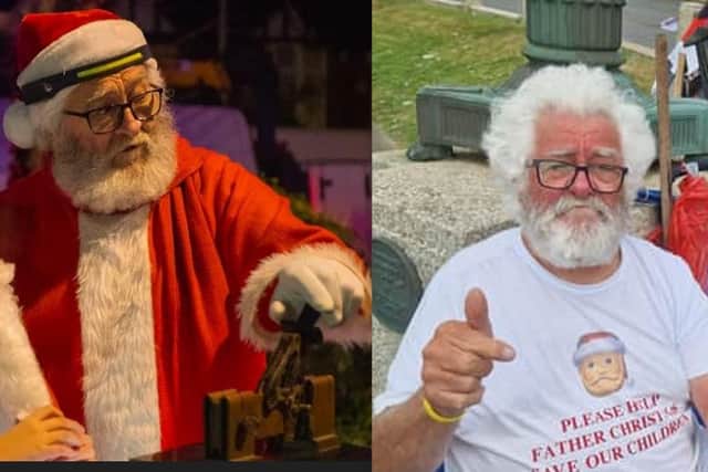 Paul Durant in Santa mode and during his protest (right)