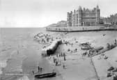 Hotel Metropole, Blackpool, Lancashire, 1890-1910. The Hotel Metropole as viewed from the north shore with holidaymakers on the beach in the foreground. It was built during or just after the 1860s. A number of bathing machines are lined up on the beach for potential swimmers. (Photo by English Heritage/Heritage Images/Getty Images)